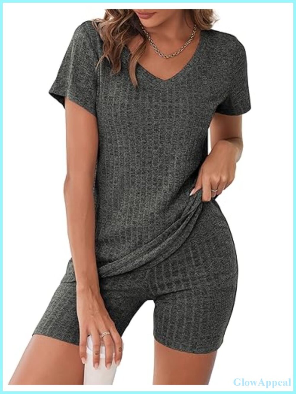 Ribbed 2 Piece Pajama Set Short Sleeve V-Neck Top & Boxer Shorts Lounge